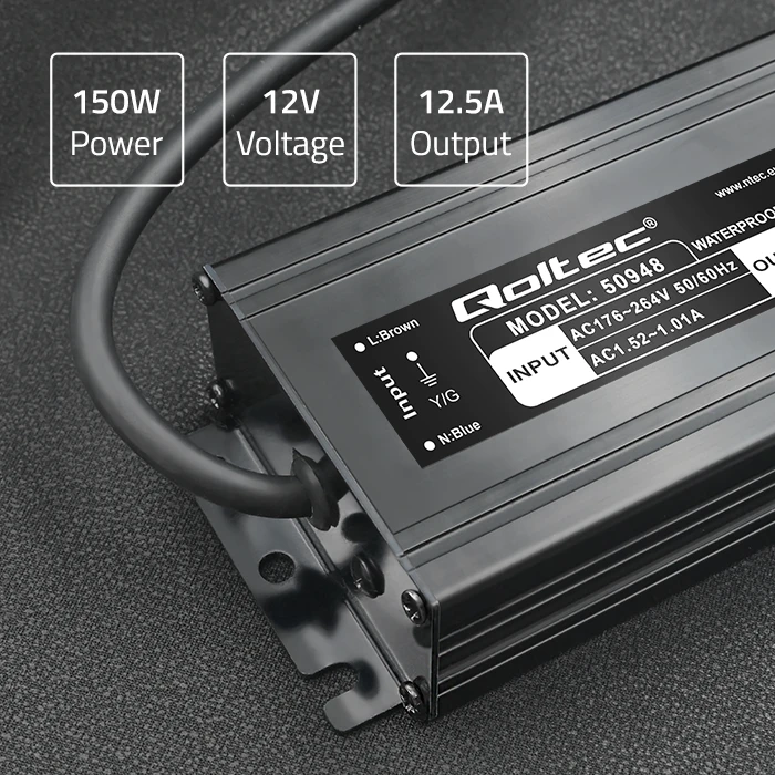 Qoltec Maitinimo šaltinis impulsowy LED IP67 | 150W | 12V | 12.5A | Wodoodporny