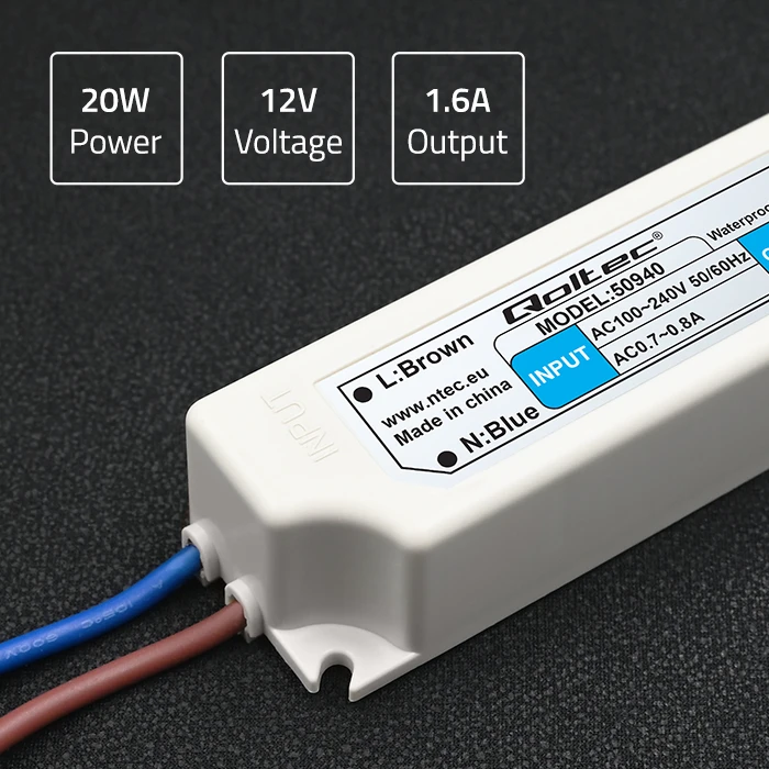 QOLTEC 50940 Qoltec Impulse maitinimo šaltinis IP67 100V-240V 20W 12V 1.6A