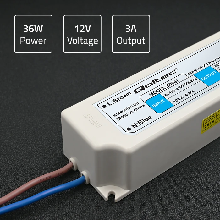 QOLTEC 50941 Impulsinis maitinimo šaltinis IP67 100V-240V 36W 12V 3A