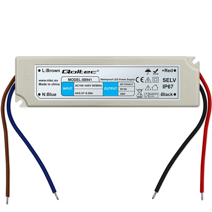 QOLTEC 50941 Impulsinis maitinimo šaltinis IP67 100V-240V 36W 12V 3A