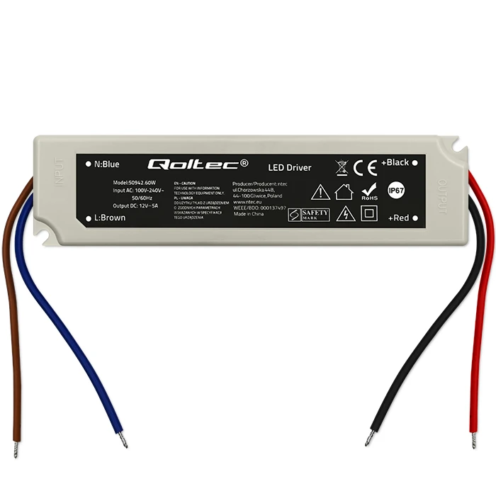 QOLTEC 50942 Qoltec Impulse maitinimo šaltinis | IP67 | 100V-240V | 60W | 12V | 5A