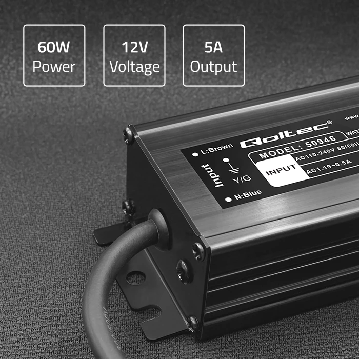 Qoltec Maitinimo šaltinis impulsowy LED IP67 | 60W | 12V | 5A | Wodoodporny