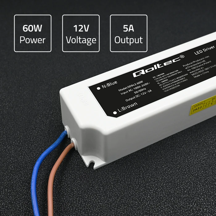 QOLTEC 50942 Qoltec Impulse maitinimo šaltinis | IP67 | 100V-240V | 60W | 12V | 5A