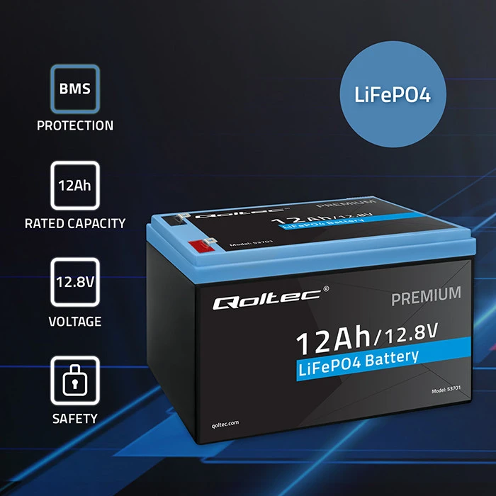 QOLTEC 53701 LiFePO4 ličio geležies fosfato baterija / 12,8V / 12Ah / 153,6Wh / BMS