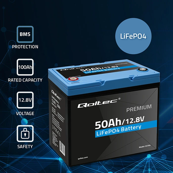 „Qoltec LiFePO4“ ličio-geležies-fosfato akumuliatorius | 12,8 V | 50 Ah | 640 Wh | BMS