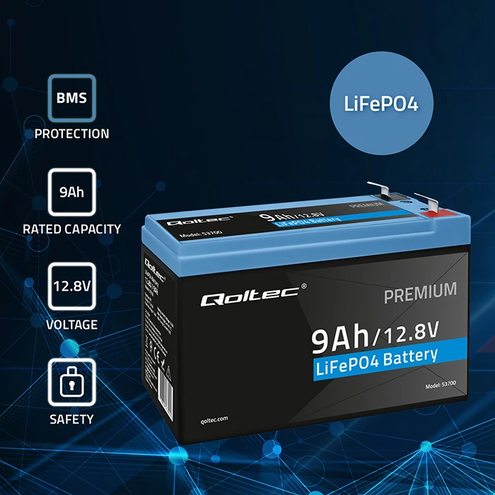 QOLTEC 53700 LiFePO4 ličio geležies fosfato baterija / 12,8V / 9Ah / 115,2Wh / BMS