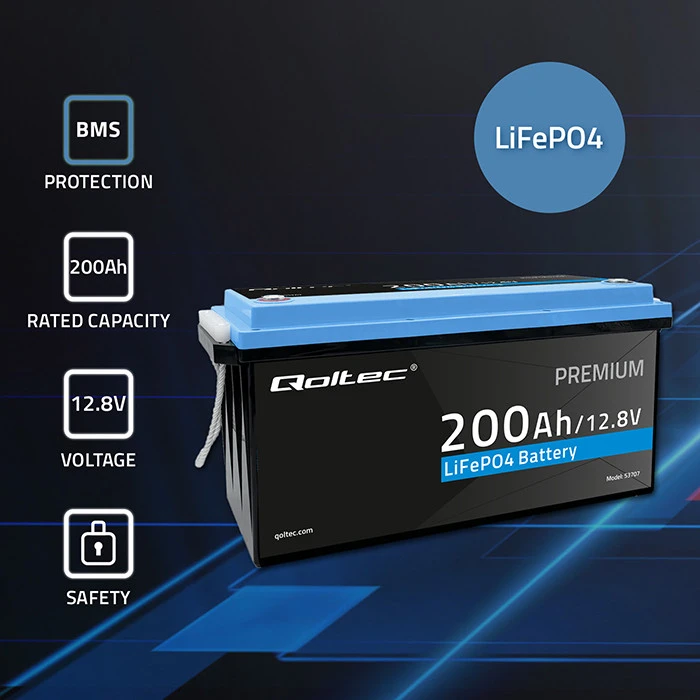 Qoltec akumuliatorius LiFePO4 ličio-geležies-fosfato | 12,8 V | 200 Ah | 2560 Wh | BMS