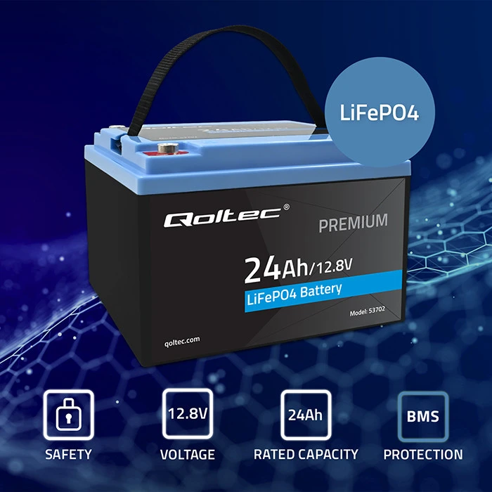 QOLTEC 53702 LiFePO4 ličio geležies fosfato baterija / 12,8V / 24Ah / 307,2Wh / BMS