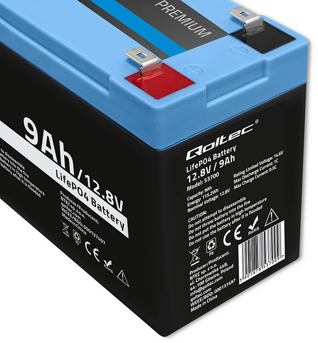 QOLTEC 53700 LiFePO4 ličio geležies fosfato baterija / 12,8V / 9Ah / 115,2Wh / BMS