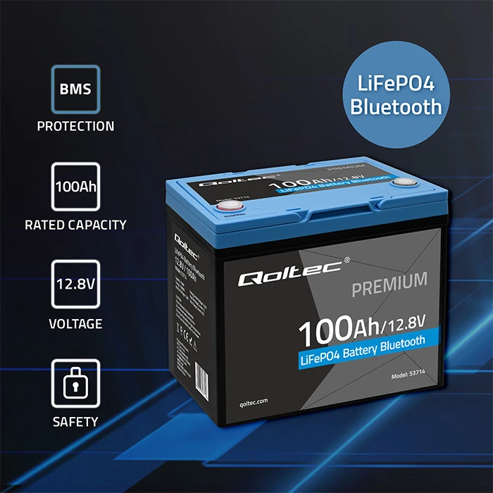 „Qoltec LiFePO4“ ličio-geležies-fosfato akumuliatorius | 12,8 V | 100 Ah | 1280 Wh | „Bluetooth“ | BMS