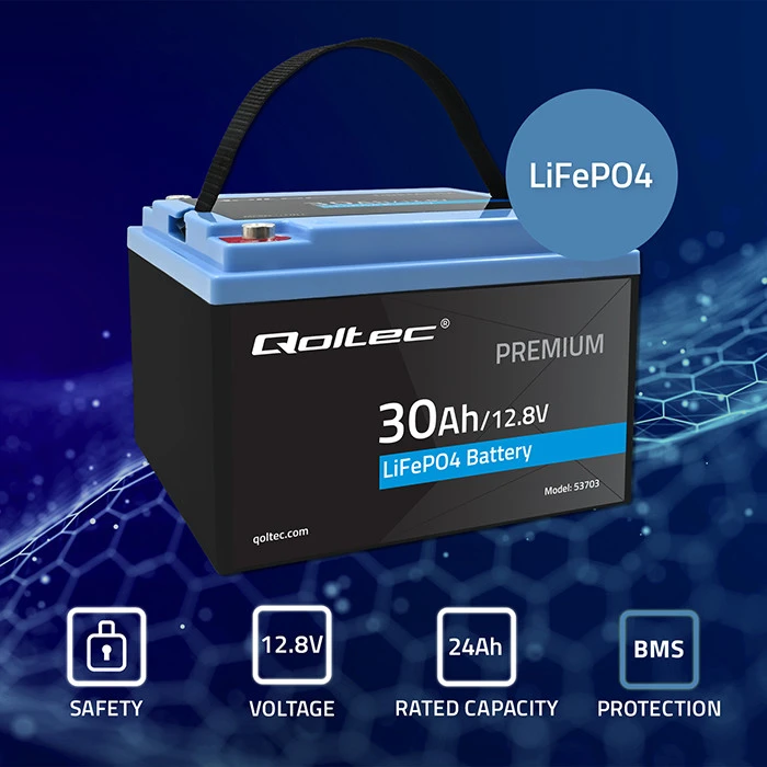 QOLTEC 53703 LiFePO4 ličio geležies fosfato baterija / 12.8V / 30Ah / 384Wh / BMS