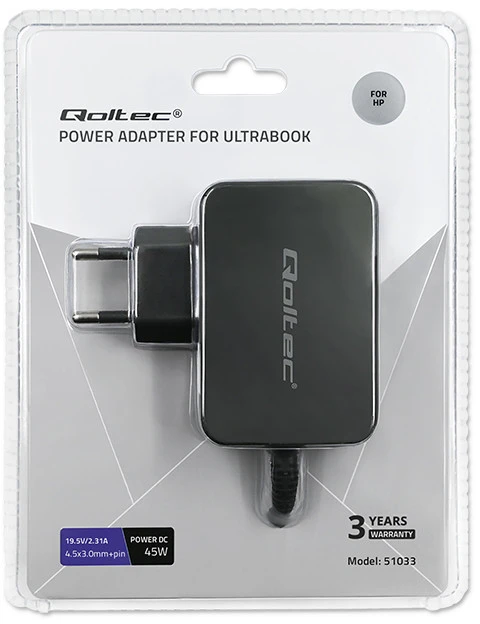 QOLTEC 51030 maitinimo adapteris, skirtas ultrabook HP 45W 19.5V 2.31A 4.5x3.0 kontaktas