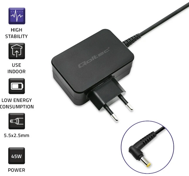 QOLTEC 52407 maitinimo adapteris, skirtas Toshiba ultrabook 45W / 19V / 2,37A / 5,5x2,5