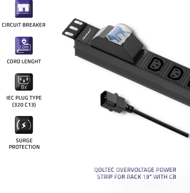 QOLTEC 53999 Apsauga nuo viršįtampių CB, skirta RACK 19 1U 10A PDU 8xIEC C13 2m