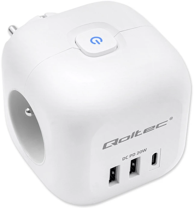 Daugiafunkcinė Qoltec galios kubikė su apšviečiamu jungikliu 3x AC 2x USB 1x USB-C PD 20W Balta