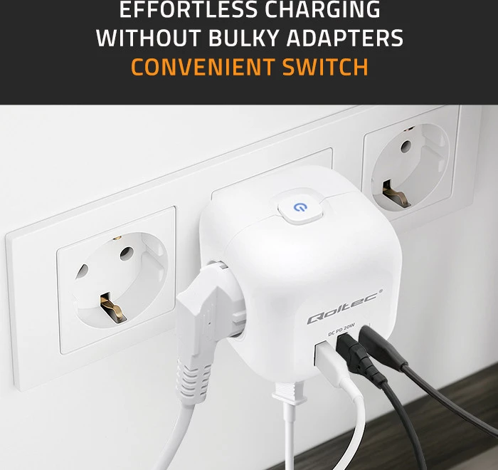Daugiafunkcinė Qoltec galios kubikė su apšviečiamu jungikliu 3x AC 2x USB 1x USB-C PD 20W Balta