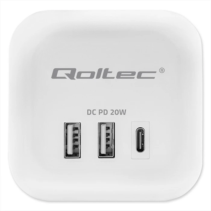 Daugiafunkcinė Qoltec galios kubikė su apšviečiamu jungikliu 3x AC 2x USB 1x USB-C PD 20W Balta