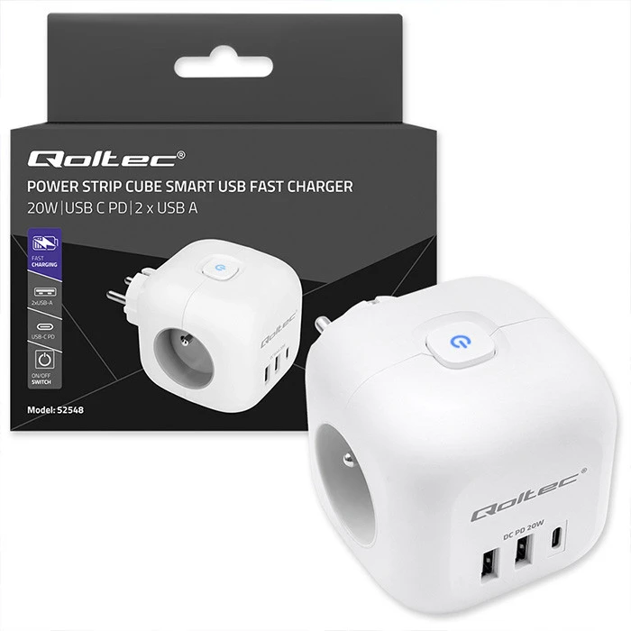 Daugiafunkcinė Qoltec galios kubikė su apšviečiamu jungikliu 3x AC 2x USB 1x USB-C PD 20W Balta