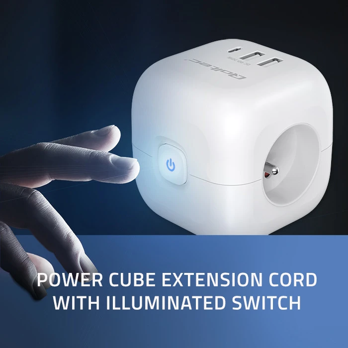 Daugiafunkcinė Qoltec galios kubikė su apšviečiamu jungikliu 3x AC 2x USB 1x USB-C PD 20W Balta