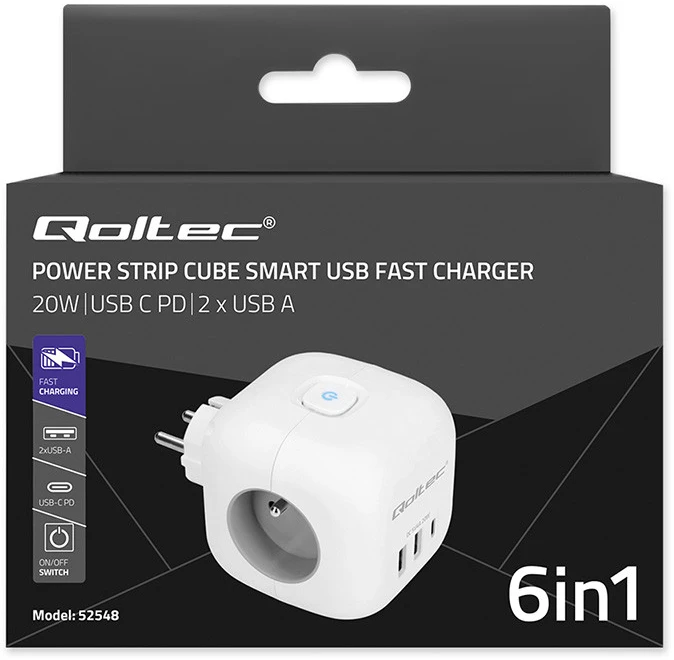 Daugiafunkcinė Qoltec galios kubikė su apšviečiamu jungikliu 3x AC 2x USB 1x USB-C PD 20W Balta
