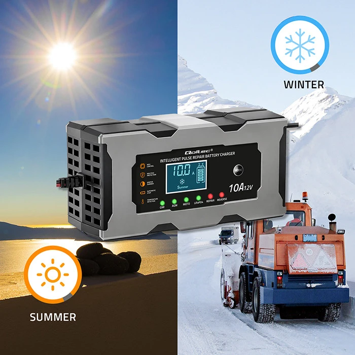 Qoltec Inteligentna mikroprocesorinis kroviklis 12V 10A | Prostownik su funkcija naprawy do akumulatora AGM GEL LiFePO4