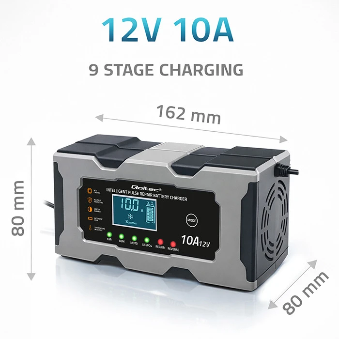 Qoltec Inteligentna mikroprocesorinis kroviklis 12V 10A | Prostownik su funkcija naprawy do akumulatora AGM GEL LiFePO4