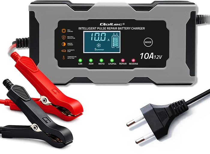 Qoltec Inteligentna mikroprocesorinis kroviklis 12V 10A | Prostownik su funkcija naprawy do akumulatora AGM GEL LiFePO4