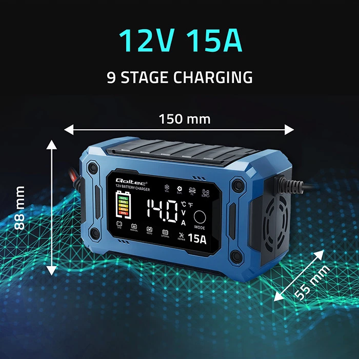 Qoltec 52496 įkroviklis 12V 15A | Lygintuvas su remonto funkcija ir maitinimo palaikymu keičiant akumuliatorių | skirtas AGM GEL LiFePO4 | LCD