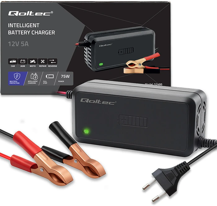 Qoltec mikroprocesorinė 12V 5A įkroviklio reguliatorius AGM GEL SLA baterijoms 6 pakopų įkrovimas