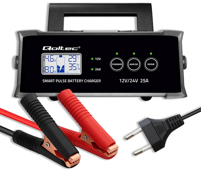 Qoltec 52514 Įkroviklis 12V 24V 25A | Lygintuvas su remonto funkcija AGM GEL SLA akumuliatoriui | LCD ekranas