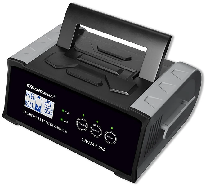 Qoltec 52514 Įkroviklis 12V 24V 25A | Lygintuvas su remonto funkcija AGM GEL SLA akumuliatoriui | LCD ekranas