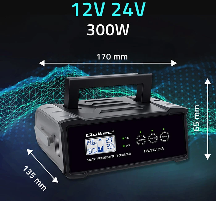 Qoltec 52514 Įkroviklis 12V 24V 25A | Lygintuvas su remonto funkcija AGM GEL SLA akumuliatoriui | LCD ekranas