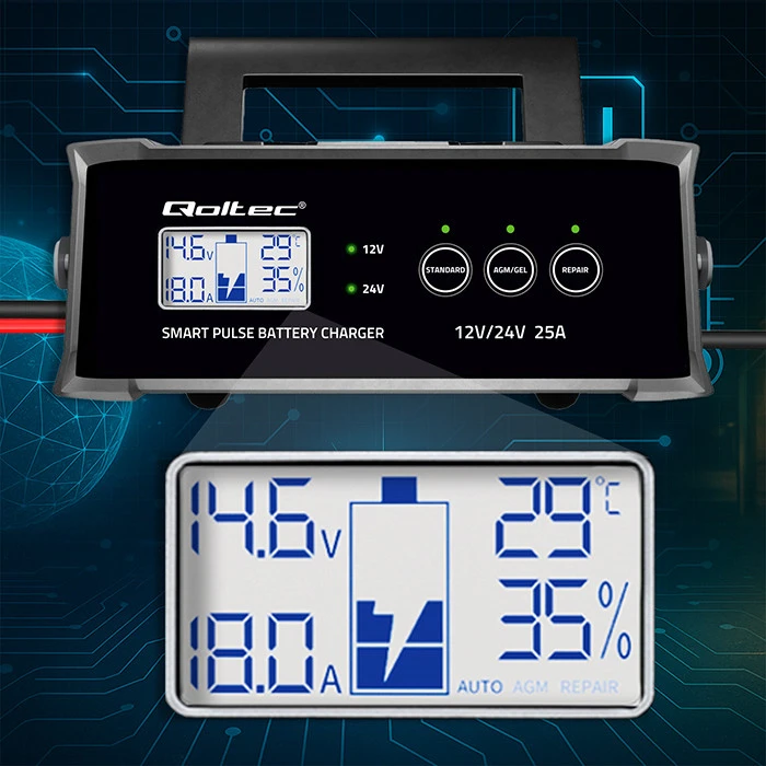 Qoltec 52514 Įkroviklis 12V 24V 25A | Lygintuvas su remonto funkcija AGM GEL SLA akumuliatoriui | LCD ekranas