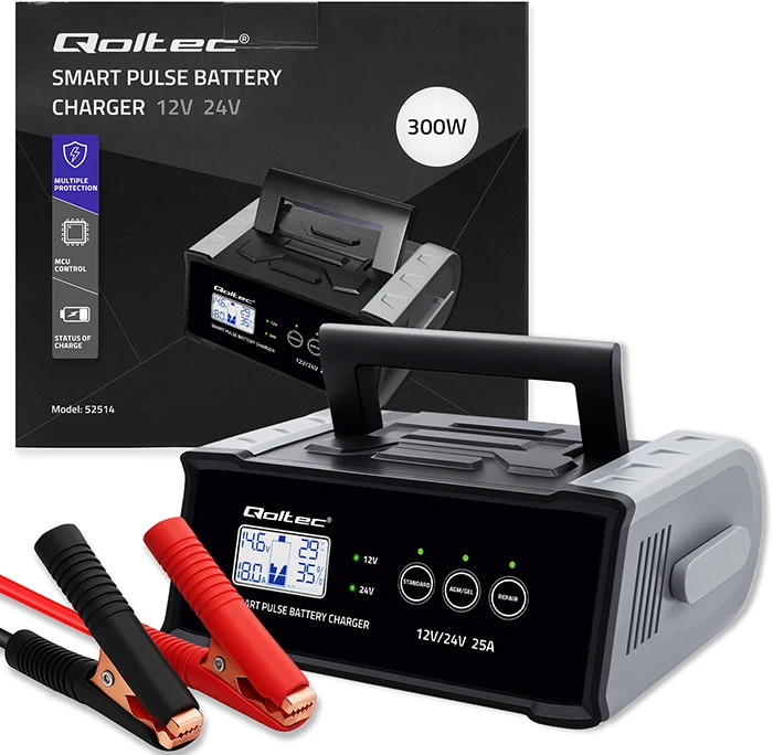 Qoltec 52514 Įkroviklis 12V 24V 25A | Lygintuvas su remonto funkcija AGM GEL SLA akumuliatoriui | LCD ekranas
