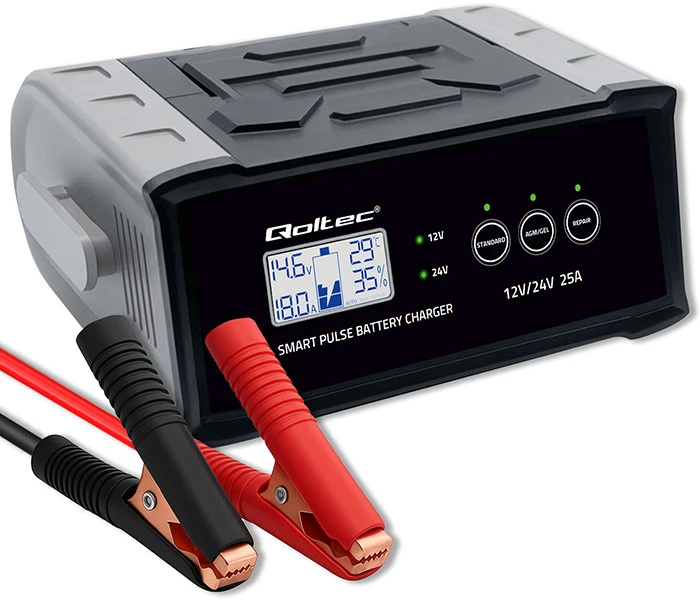 Qoltec 52514 Įkroviklis 12V 24V 25A | Lygintuvas su remonto funkcija AGM GEL SLA akumuliatoriui | LCD ekranas