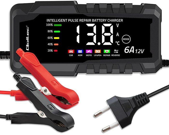Qoltec Inteligentna mikroprocesorinis kroviklis 12V 6A | Prostownik su funkcija naprawy do akumulatora AGM GEL LiFePO4 | LCD