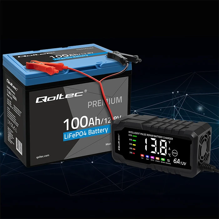 Qoltec Inteligentna mikroprocesorinis kroviklis 12V 6A | Prostownik su funkcija naprawy do akumulatora AGM GEL LiFePO4 | LCD
