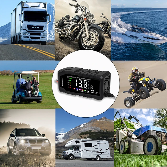 Qoltec Inteligentna mikroprocesorinis kroviklis 12V 6A | Prostownik su funkcija naprawy do akumulatora AGM GEL LiFePO4 | LCD