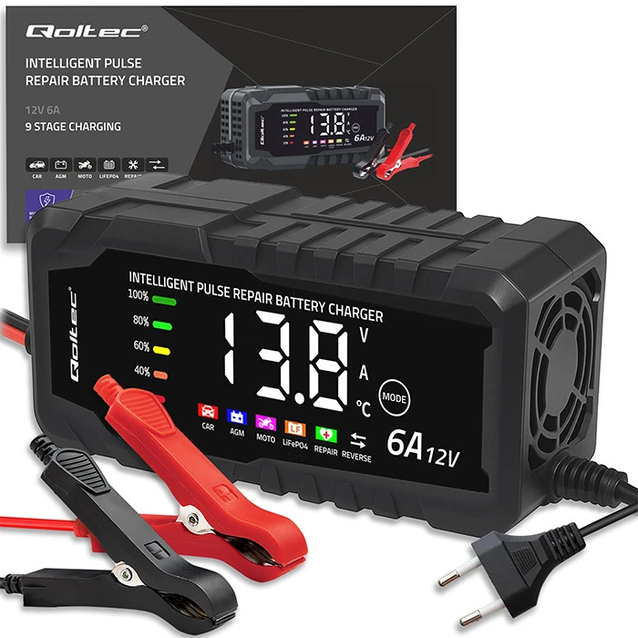 Qoltec Inteligentna mikroprocesorinis kroviklis 12V 6A | Prostownik su funkcija naprawy do akumulatora AGM GEL LiFePO4 | LCD