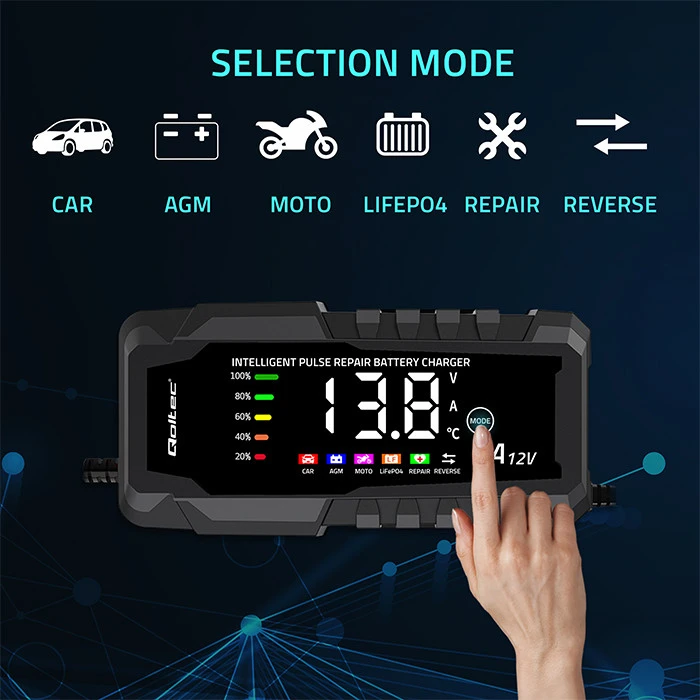 Qoltec Inteligentna mikroprocesorinis kroviklis 12V 6A | Prostownik su funkcija naprawy do akumulatora AGM GEL LiFePO4 | LCD