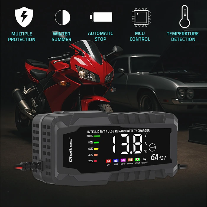 Qoltec Inteligentna mikroprocesorinis kroviklis 12V 6A | Prostownik su funkcija naprawy do akumulatora AGM GEL LiFePO4 | LCD