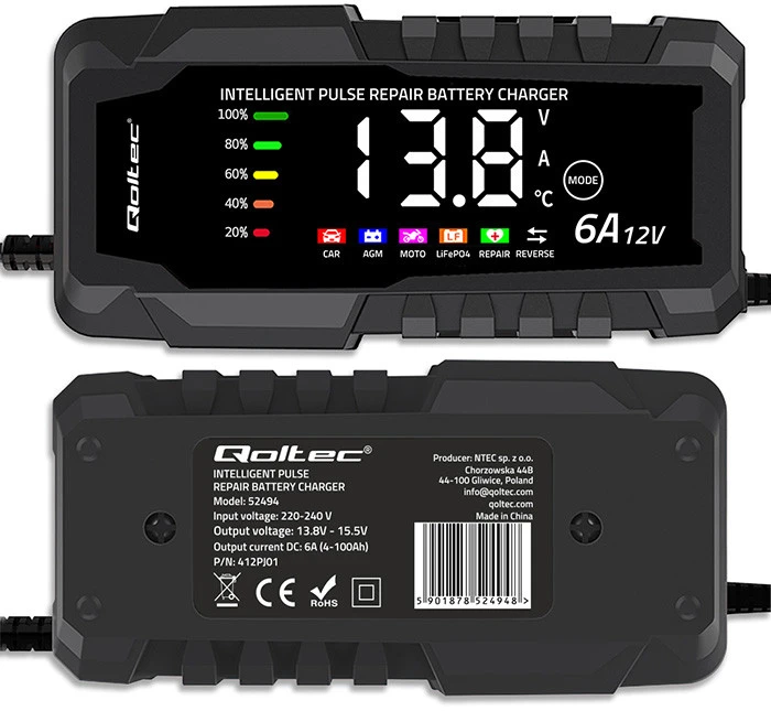 Qoltec Inteligentna mikroprocesorinis kroviklis 12V 6A | Prostownik su funkcija naprawy do akumulatora AGM GEL LiFePO4 | LCD