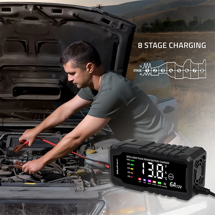 Qoltec Inteligentna mikroprocesorinis kroviklis 12V 6A | Prostownik su funkcija naprawy do akumulatora AGM GEL LiFePO4 | LCD