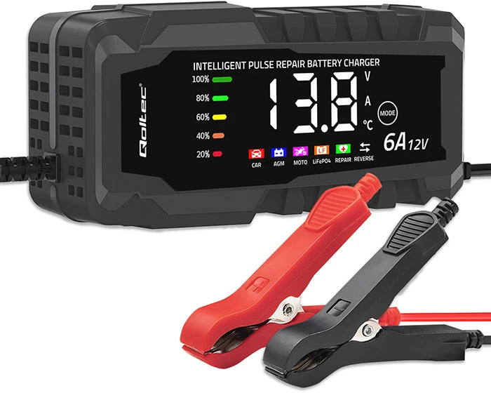 Qoltec Inteligentna mikroprocesorinis kroviklis 12V 6A | Prostownik su funkcija naprawy do akumulatora AGM GEL LiFePO4 | LCD