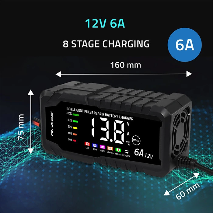 Qoltec Inteligentna mikroprocesorinis kroviklis 12V 6A | Prostownik su funkcija naprawy do akumulatora AGM GEL LiFePO4 | LCD