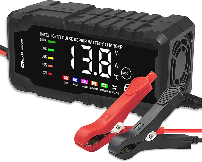 Qoltec Inteligentna mikroprocesorinis kroviklis 12V 6A | Prostownik su funkcija naprawy do akumulatora AGM GEL LiFePO4 | LCD