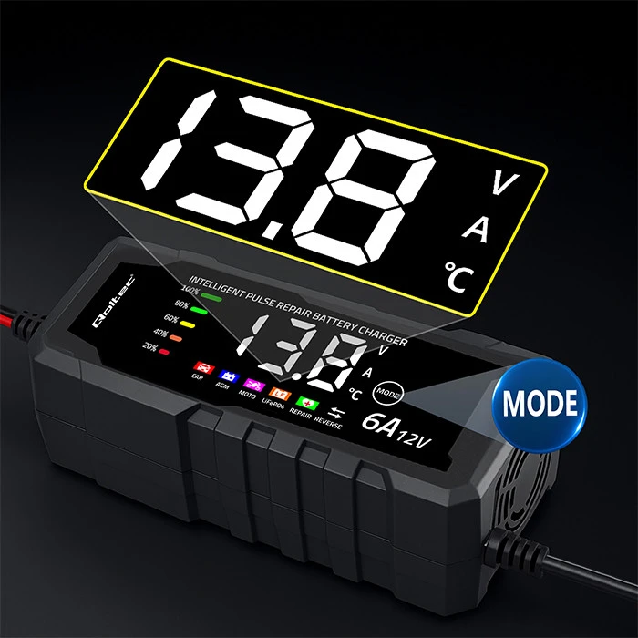Qoltec Inteligentna mikroprocesorinis kroviklis 12V 6A | Prostownik su funkcija naprawy do akumulatora AGM GEL LiFePO4 | LCD