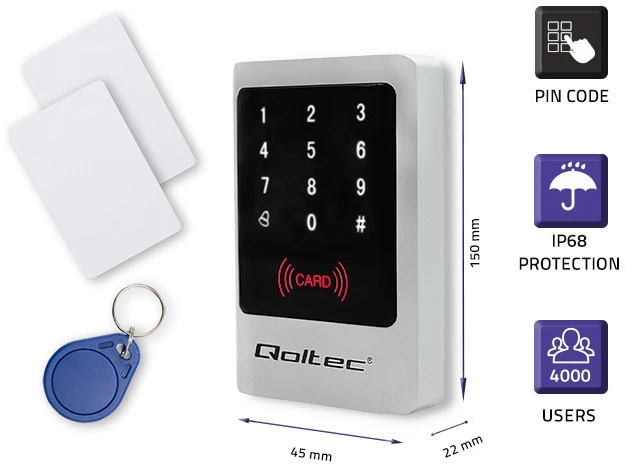 QOLTEC 52444 Kodinė spyna MIMAS su RFID skaitytuvu Kodų kortelės rakto pakabukas Durų skambučio mygtukas IP68 EM
