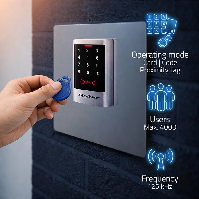 QOLTEC 52444 Kodinė spyna MIMAS su RFID skaitytuvu Kodų kortelės rakto pakabukas Durų skambučio mygtukas IP68 EM