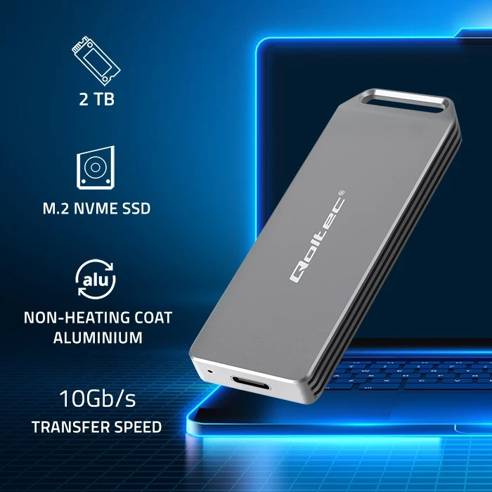 Qoltec Mini aliuminio dėklas M.2 SSD NVMe PCIe USB 3.1 10Gb/s 2TB sidabro